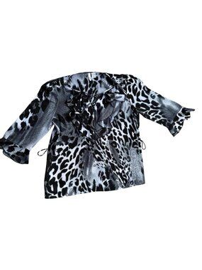 Sami & Jo Women's Ruffle Animal Print Blouse Black/White XL Polyester 3/4 Sleeve